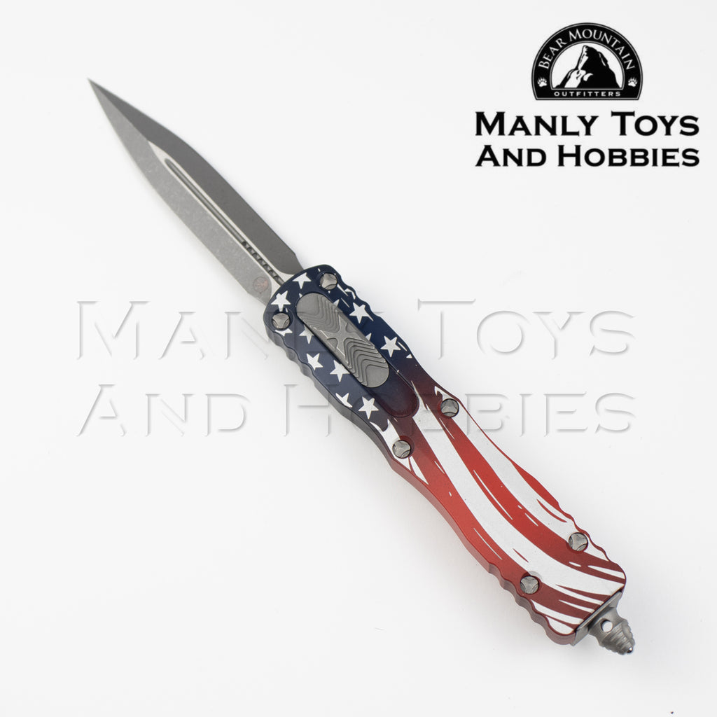 Microtech Dirac 250th Anniversary OTF auto knife with American flag handle and apocalyptic dagger blade